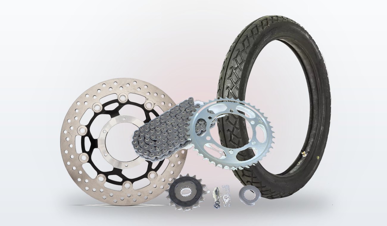 Brake disc, chain sprocket kit and motorcycle tyre